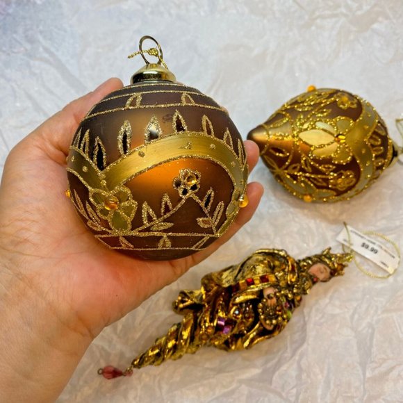 Brown W Gold Decor Glass Ball Teardrop N A King Christmas Ornaments Set of 3 - Picture 10 of 11